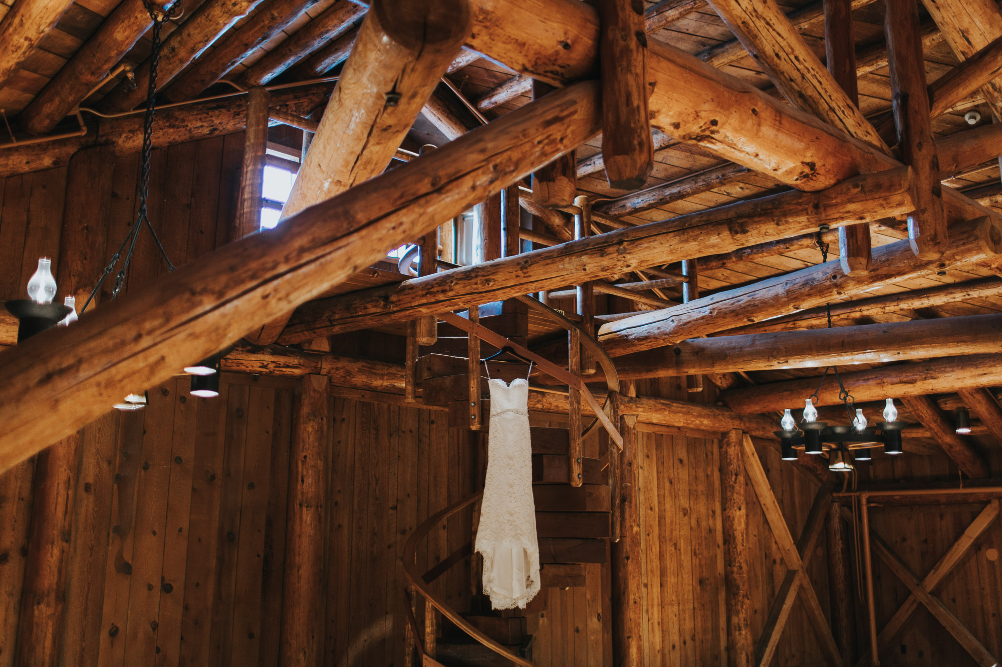 Marley's dress hangs from a spiral staircase in the Sunriver Great Hall.