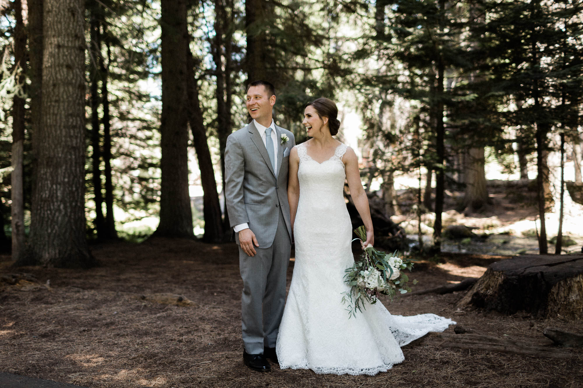 Bride and groom laugh at Paulina Springs in Black Butte Ranch, Oregon