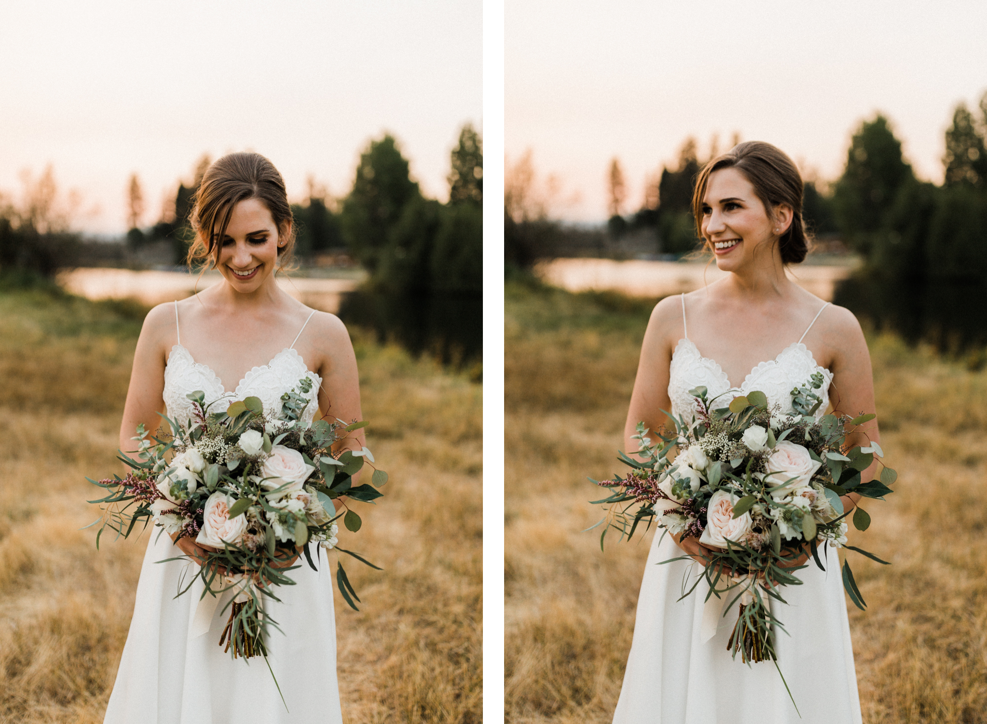 Bride poses with bouquet during sunset at Black Butte Ranch in Oregon