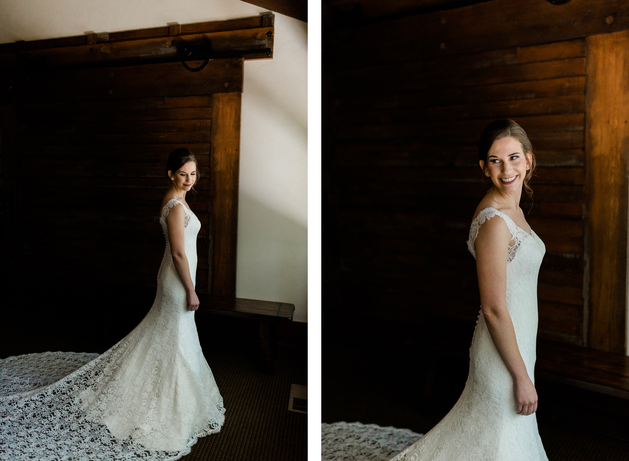 Bride poses for portraits in front of a window at Black Butte Ranch in Oregon