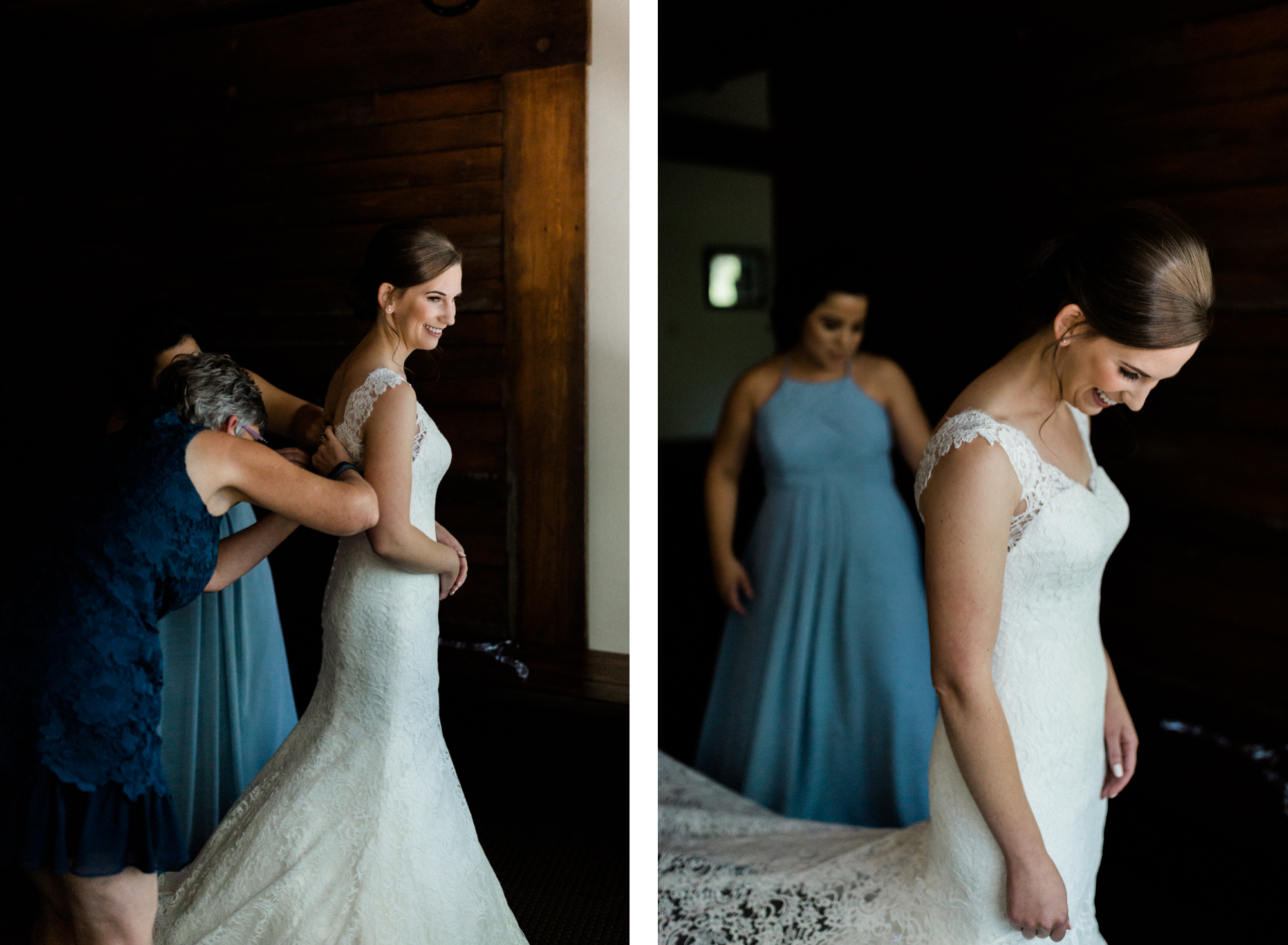 Bridesmaid and mother help bride put on dress at Black Butte Ranch