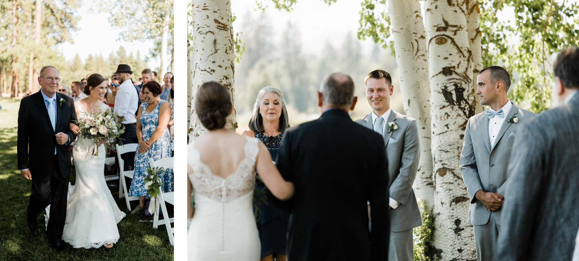 Bride walks down the aisle at a Black Butte Ranch wedding in Central Oregon