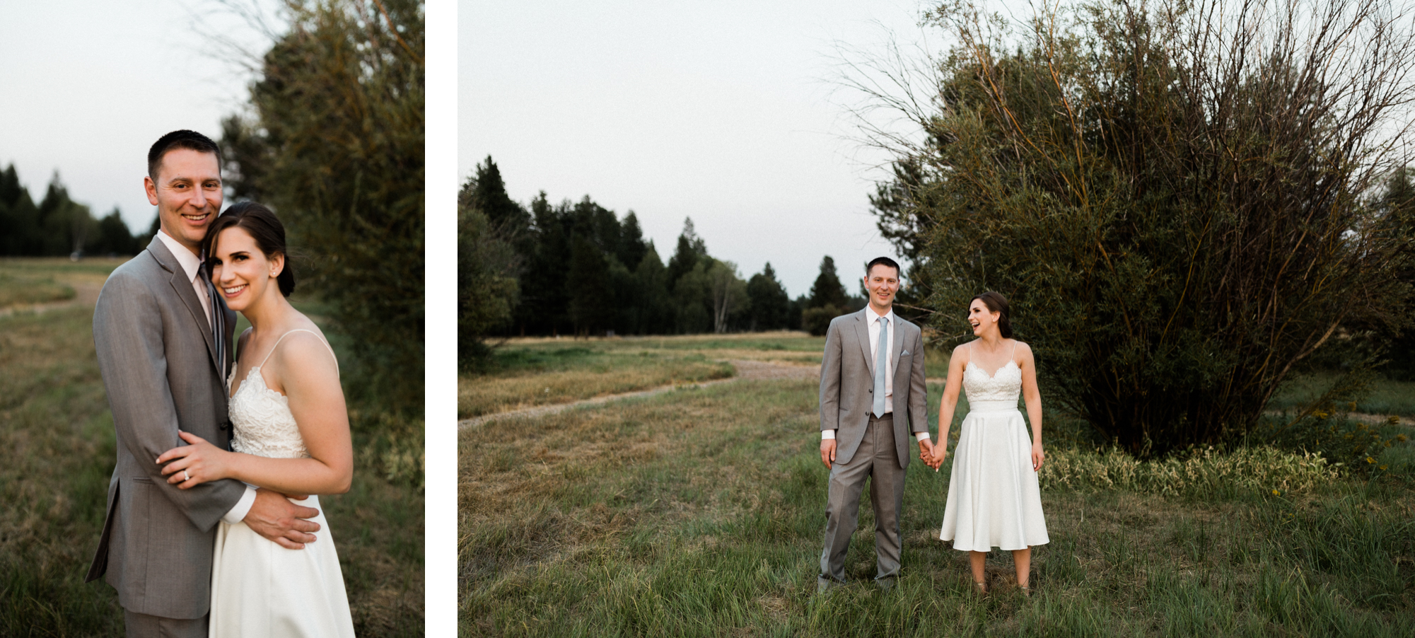 Bride and groom pose in a field at Black Butte Ranch