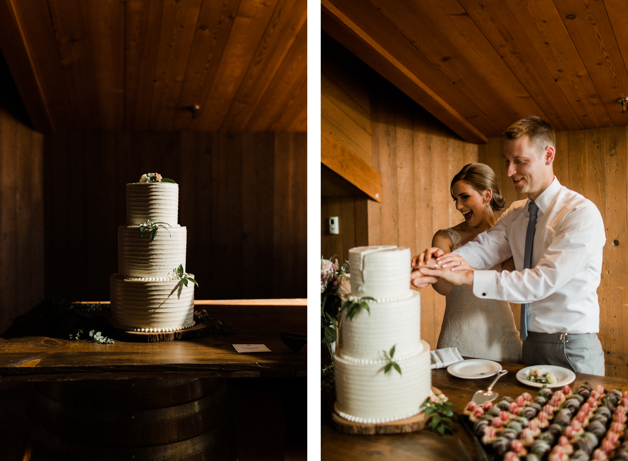 Bride and groom cut their cake at Black Butte Ranch in Central Oregon 