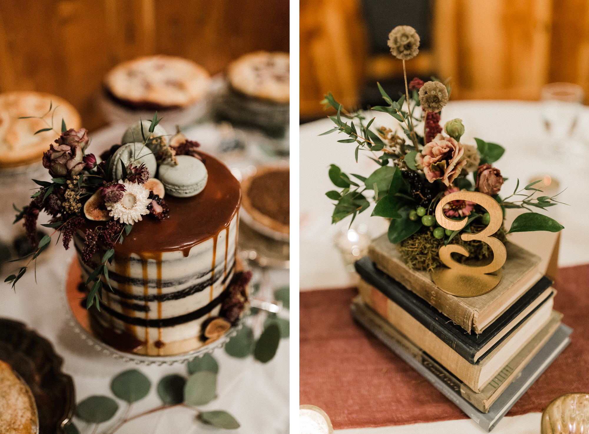 A wedding cake and table centerpiece at McMenamin's Old St. Francis School in Bend
