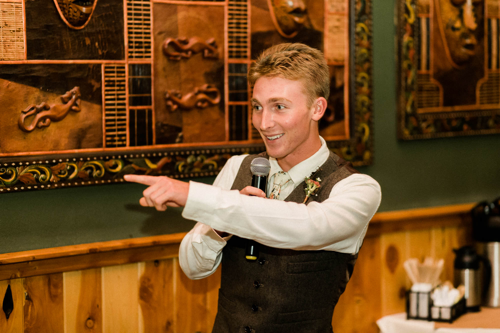 Bride's brother gives toast at wedding reception at McMenamin's in Bend, Oregon