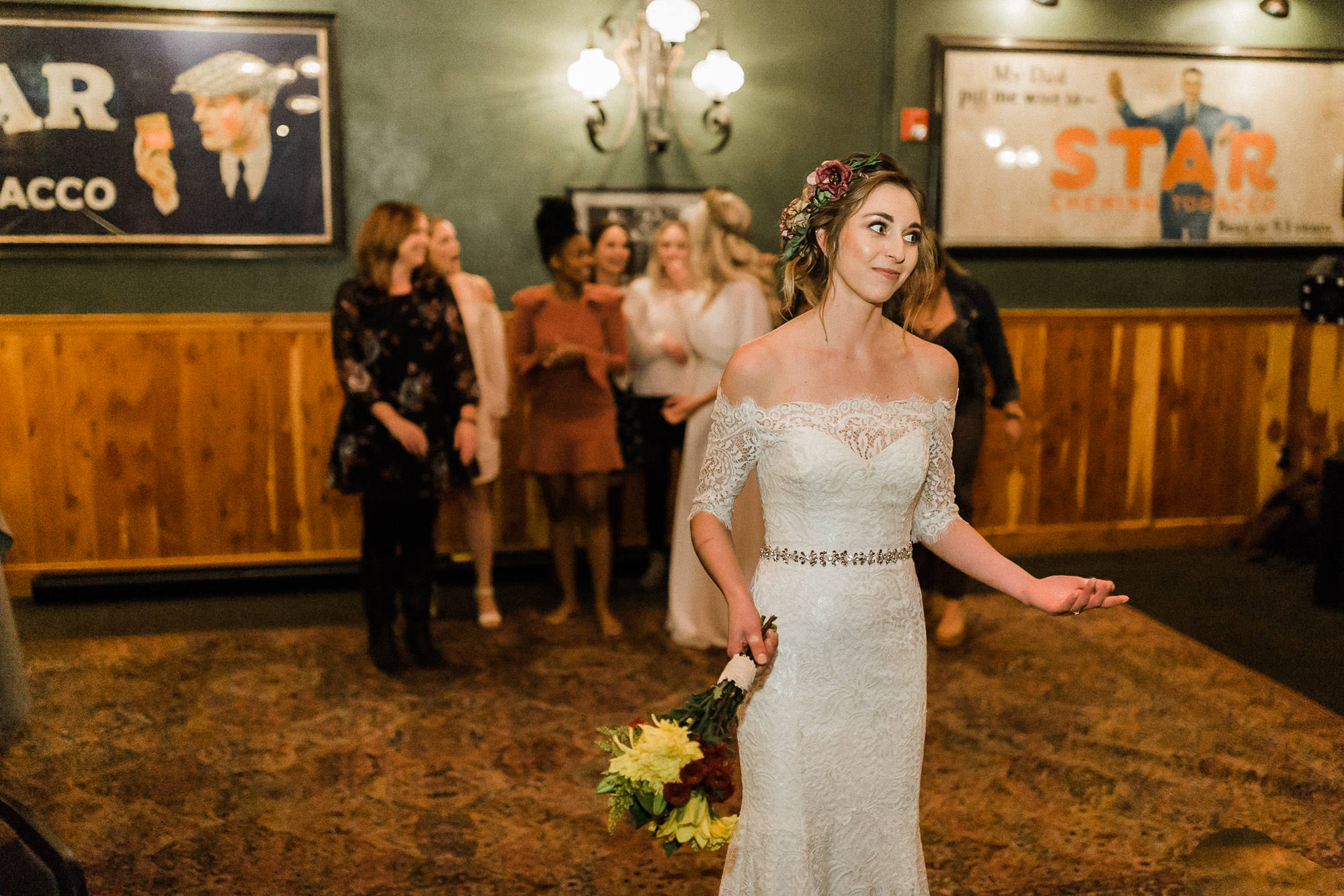 Bride tosses bouquet at McMenamin's Old St. Francis School in Bend
