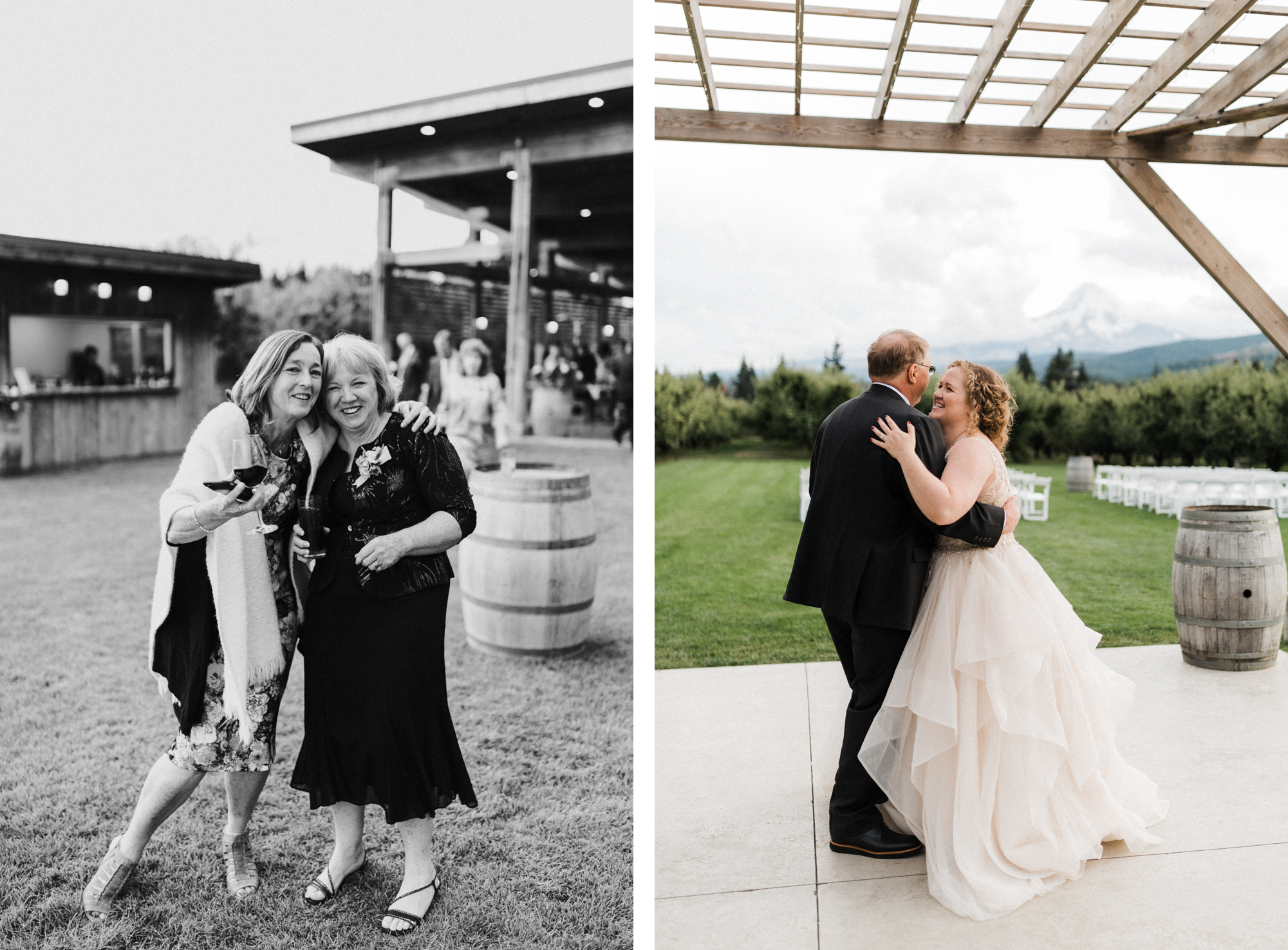 The photo on the right shows bride and father dancing. The photo on the left shows bride's mother and friend reacting.