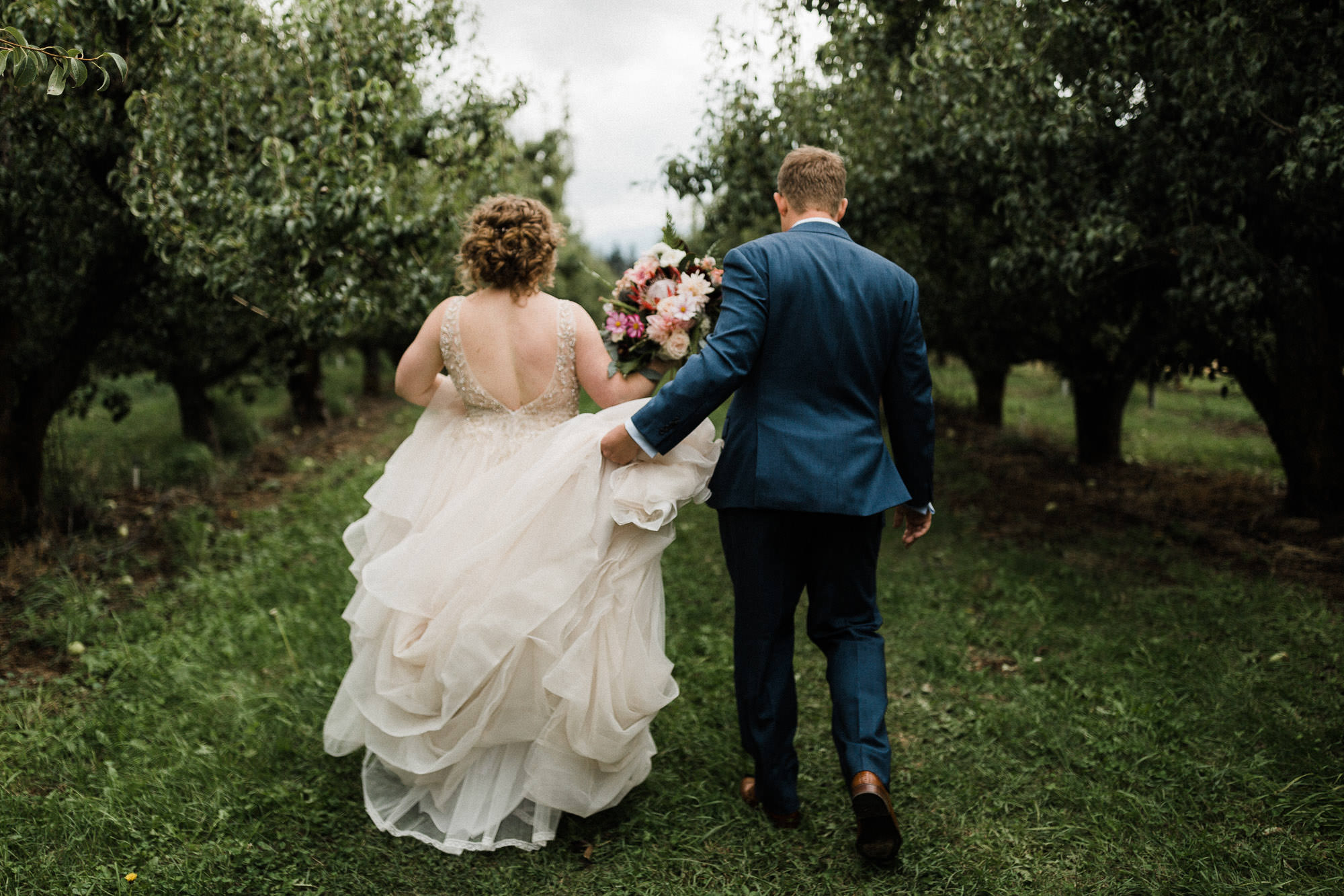 Groom holds the train of the bride's dress as they walk through orchard rows in Mt Hood, Oregon