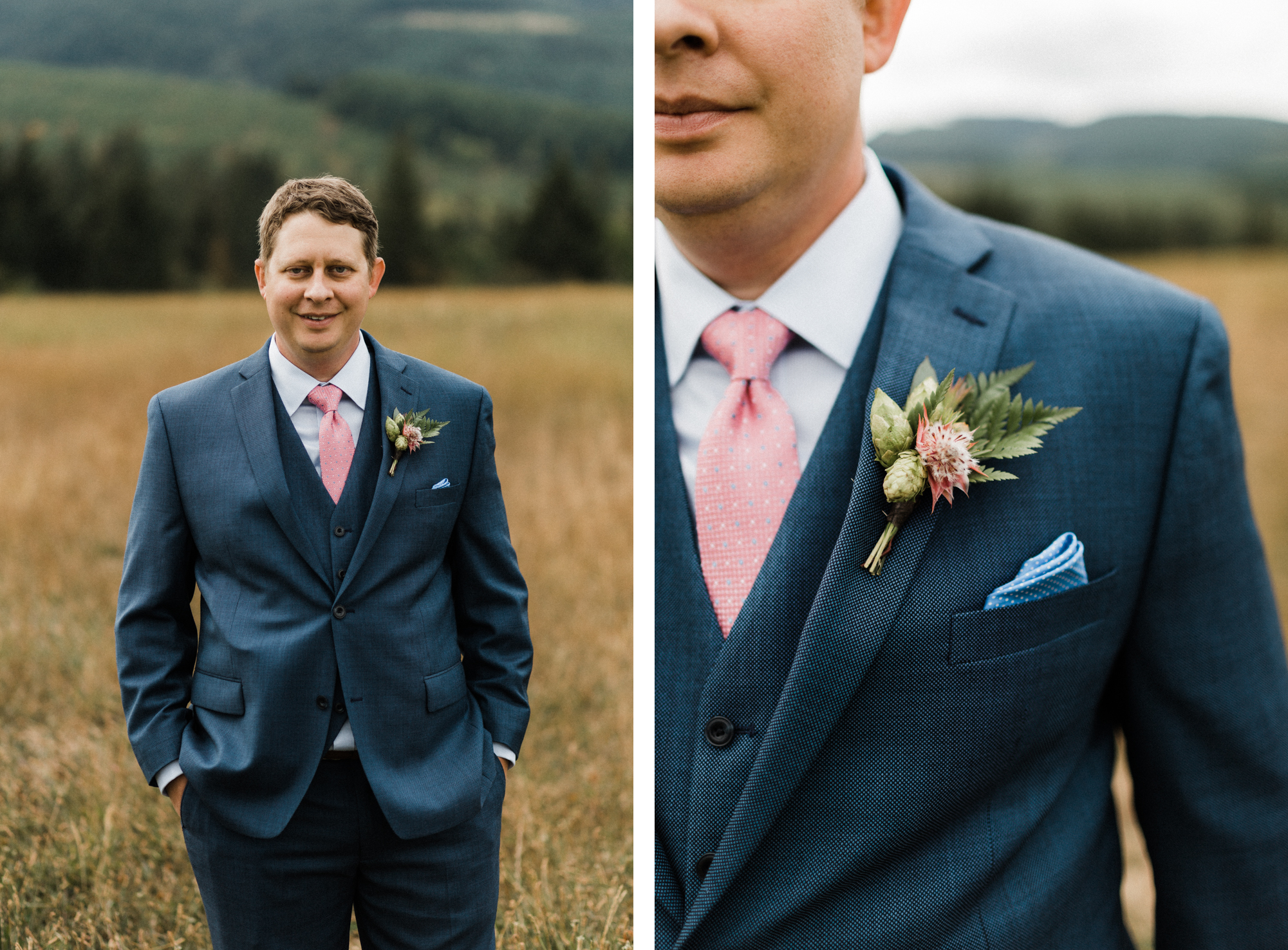Photo on left show the groom posing for a portrait. Photo on right is a close up on his boutonniere.