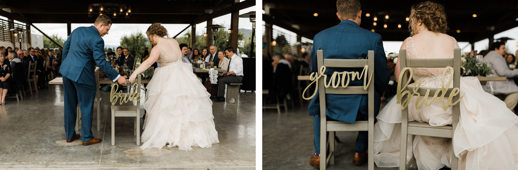 Bride and groom sit at head table with "bride" and "groom" signs adorning their chairs.