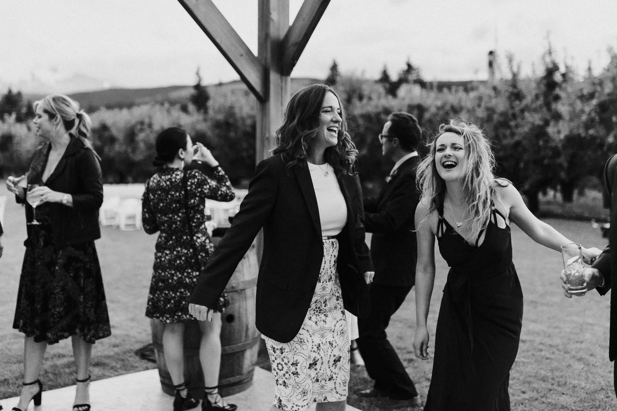 Wedding guests dance at Mt. View Orchards in Mt Hood, Oregon.
