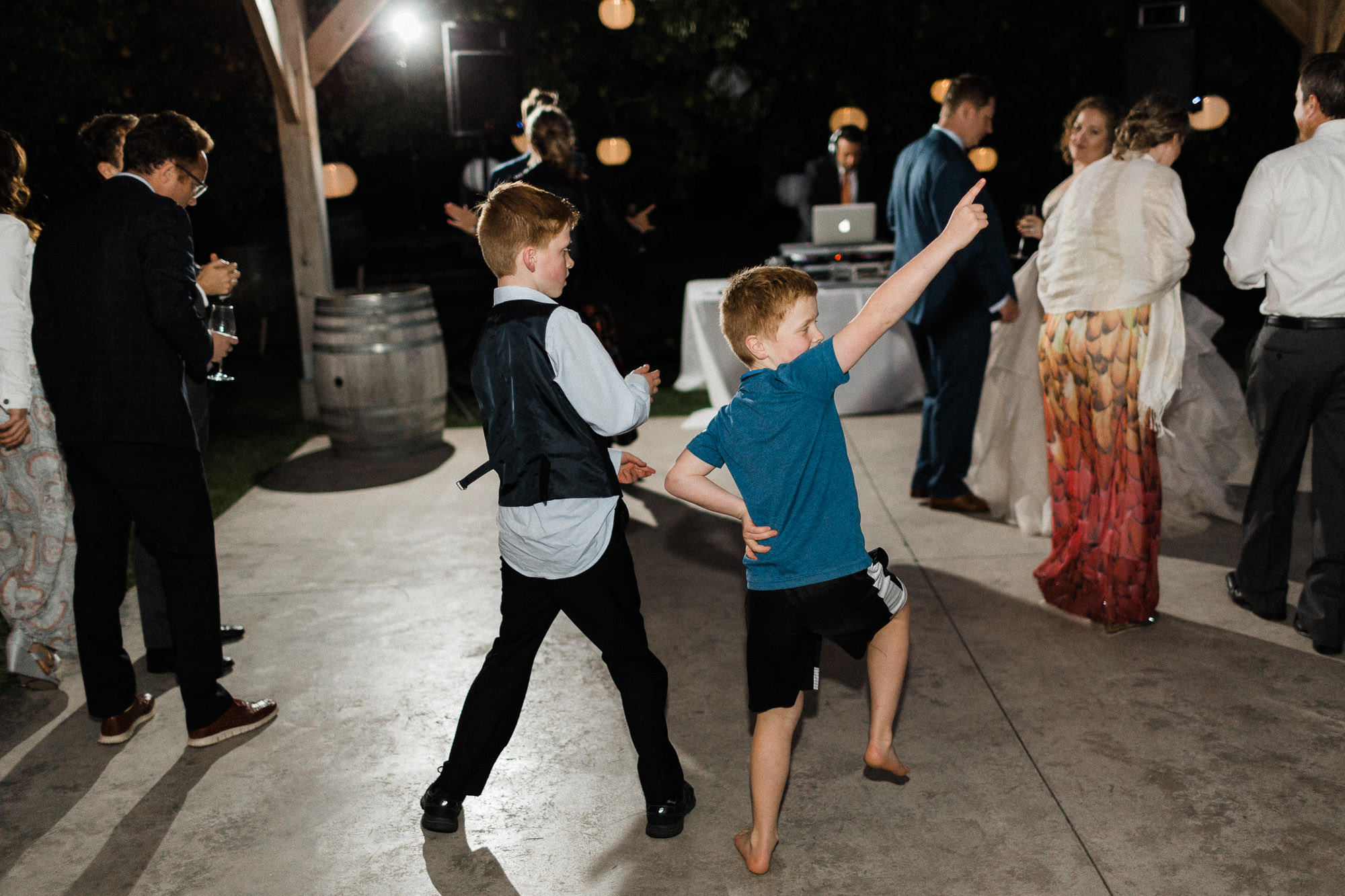 Wedding guests dance at Mt. View Orchards in Mt Hood, Oregon.