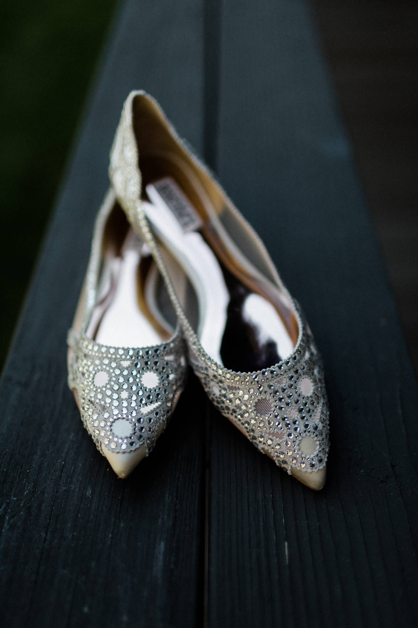 The bride's shoes rest on the deck at Sunriver Resort in Oregon