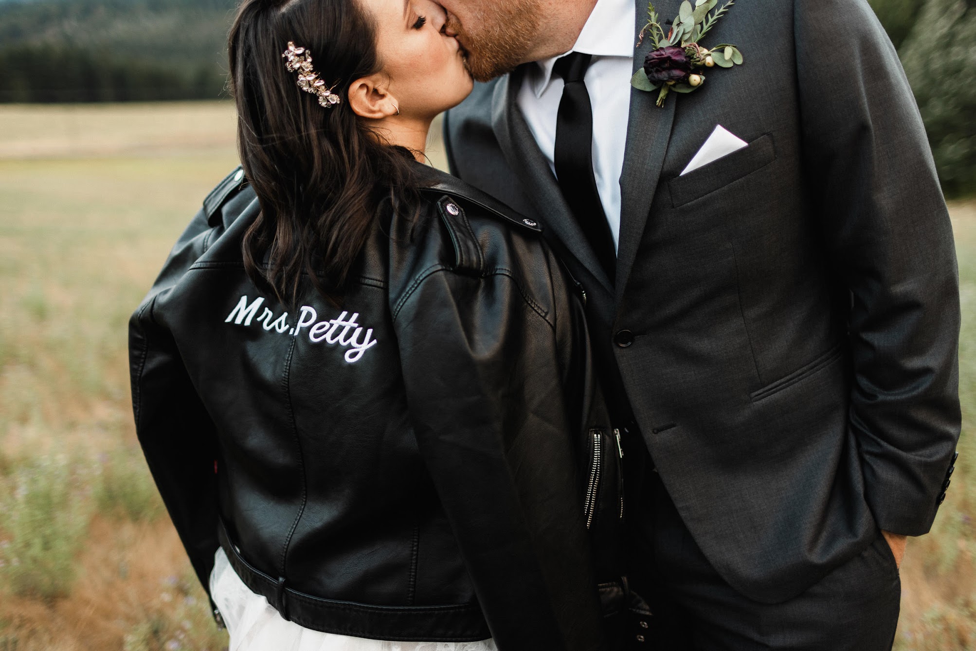 Black leather jacket with Mrs. Petty written on the back 