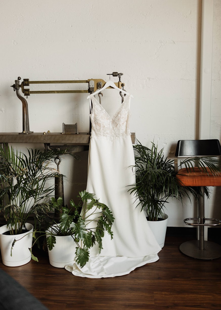 wedding dress hanging up with a bunch of plants around it. 